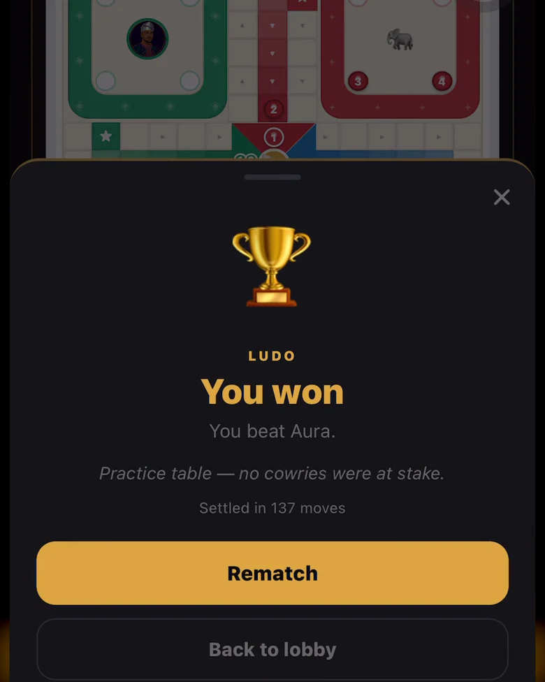Real Afrilingua Ludo practice game showing the board and You won result