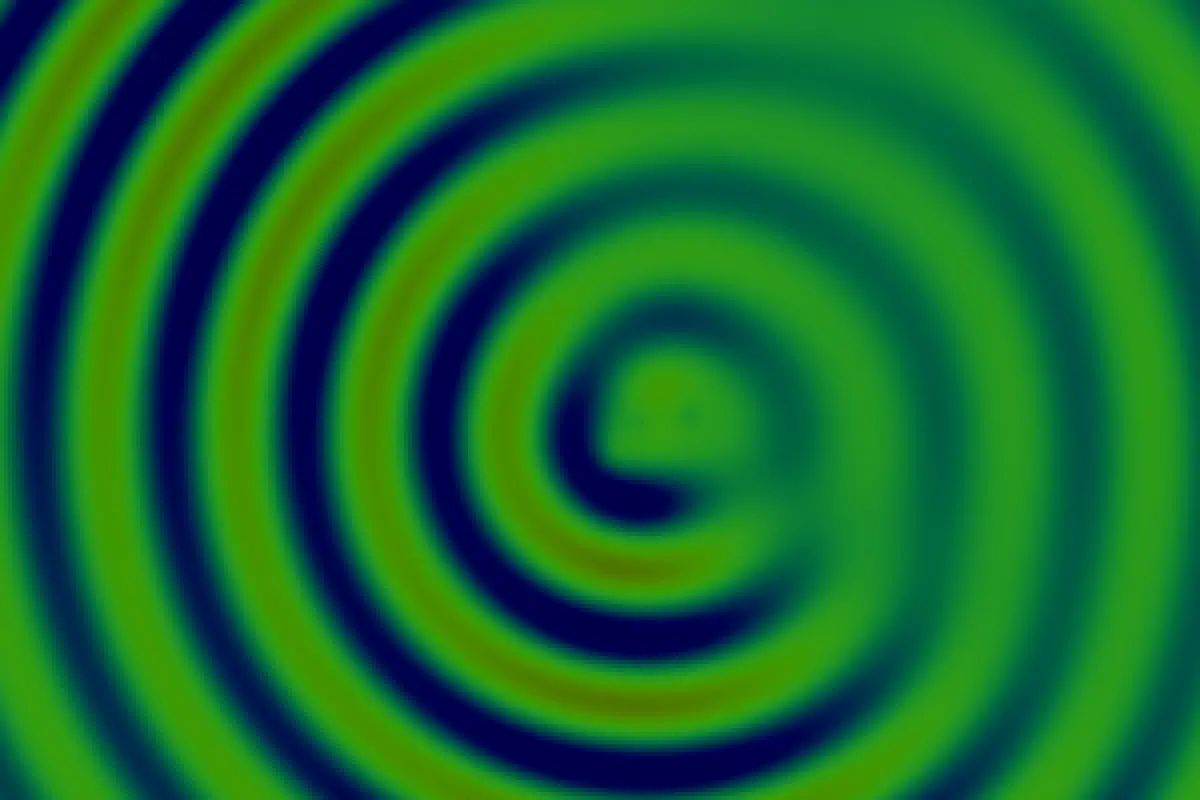 Bands of green, navy and gold turning around a centre, like a signal
                  spreading out.