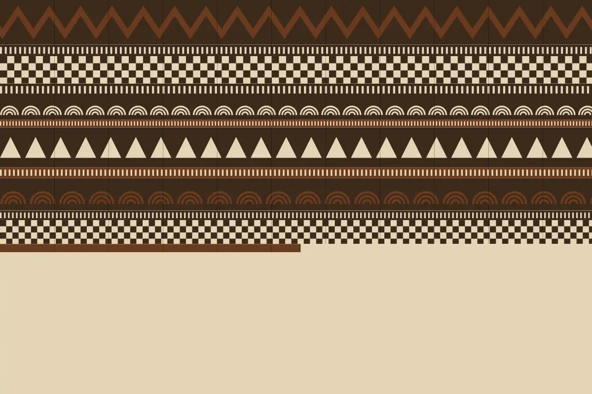 Bogolan mud cloth: bands of zigzag, checker and triangle in brown and
                  cream, stopping partway down the length.