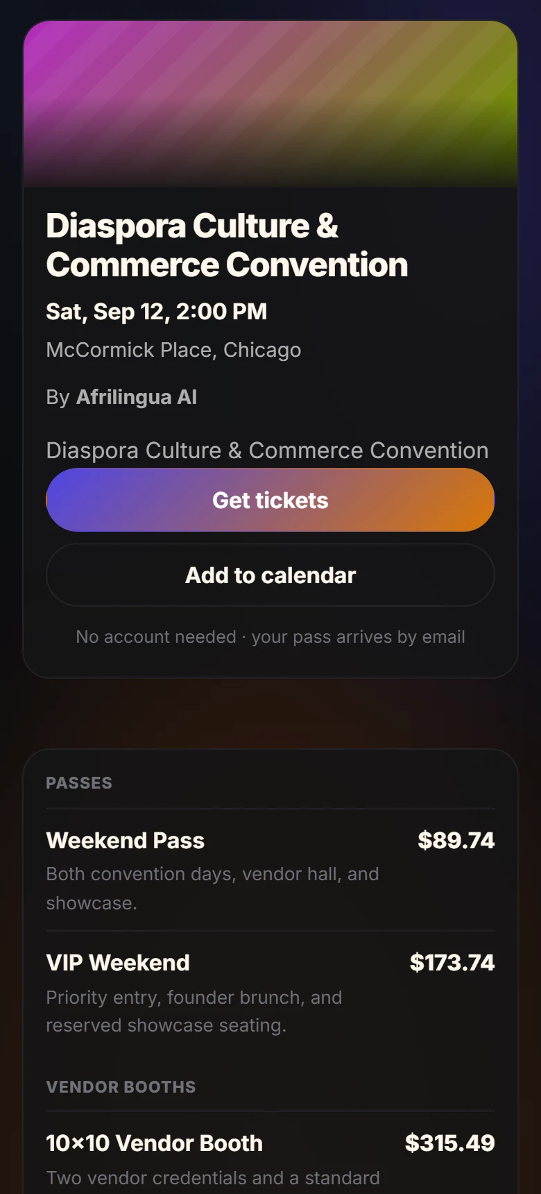 An event page: cover art, date and venue, a Get tickets button, then
                          passes at $89.74 and $173.74 and a vendor booth at $315.49.