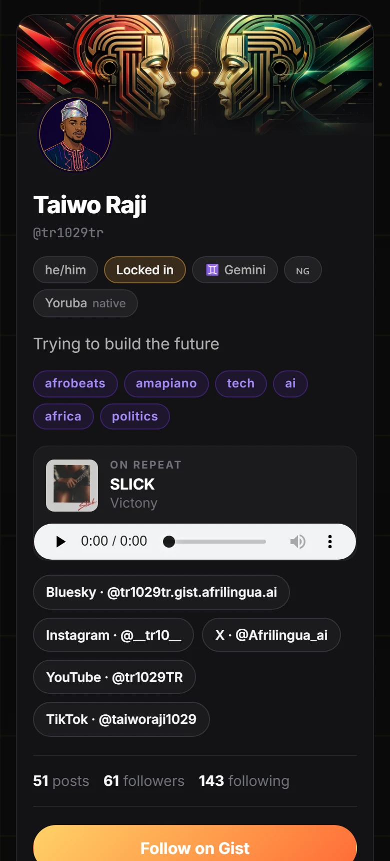 A profile page on a phone: a banner of two heads facing each other,
                      the name Taiwo Raji, the handle @tr1029tr, Follow and Message
                      buttons, then recent posts.