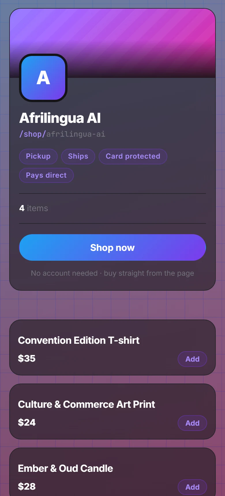 A shop page on a phone: the shop's name and handle, badges for pickup,
                      shipping and card protection, then items at $35, $24 and $28 each with
                      an Add button.